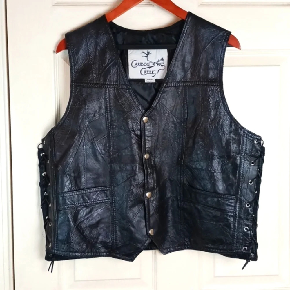 CARIBOU CREEK Mens Lambskin Leather Patchwork Snap Vest Sz Medium